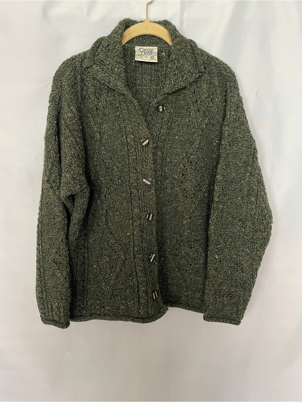 Carriag Donn Aran Hand-Knit Cable Cardigan Sweater Pure New Wool Green Ireland